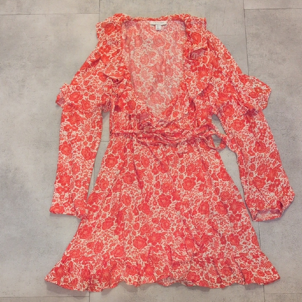 Topshop Red Floral Long Sleeve Ruffle Dress